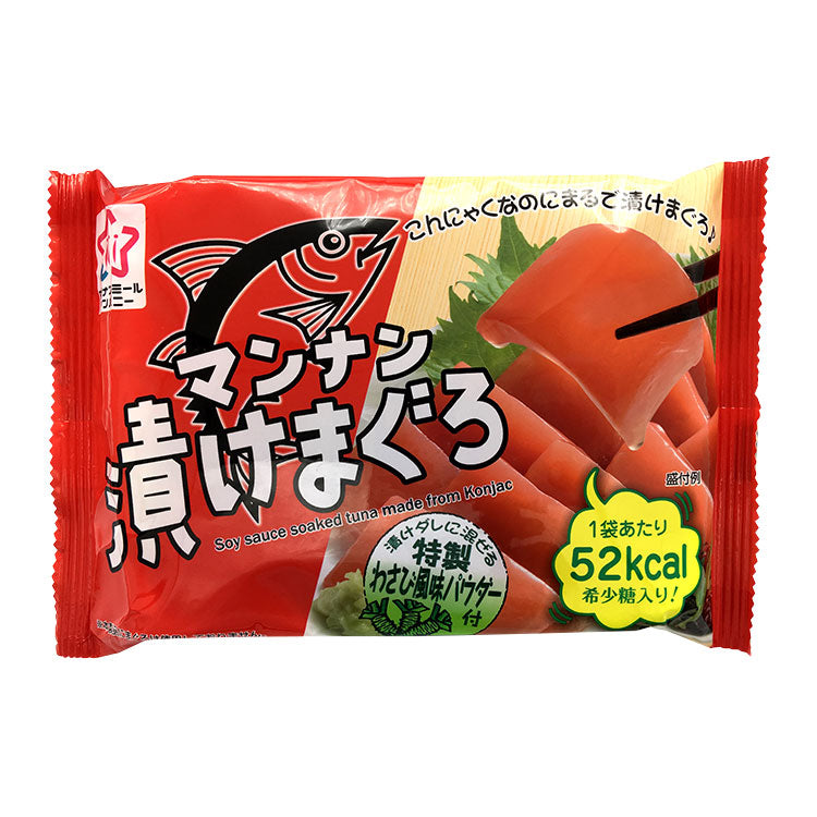 Pack of HAISKY FOODS Soy-Marinaded Tuna Konjac with pickled sauce and wasabi powder suggestion, showing 52 kcal per serving.