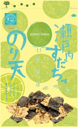 MARUKA FOODS Laver Tempura Snack Nori-ten with Setouchi Sudachi flavor, featuring citrusy notes, allergens: wheat, egg, squid.
