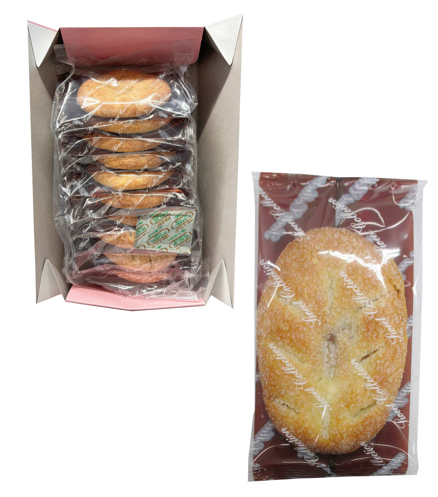 Box of Fukushima White Peach Leaf Pie with individually wrapped pastries, showing crispy and moist texture.