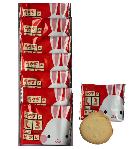 Bunny Shiro-chan Sable cookies in red packaging, featuring cute bunny design. Crispy and delicious with common allergens: wheat, egg, dairy, soy.