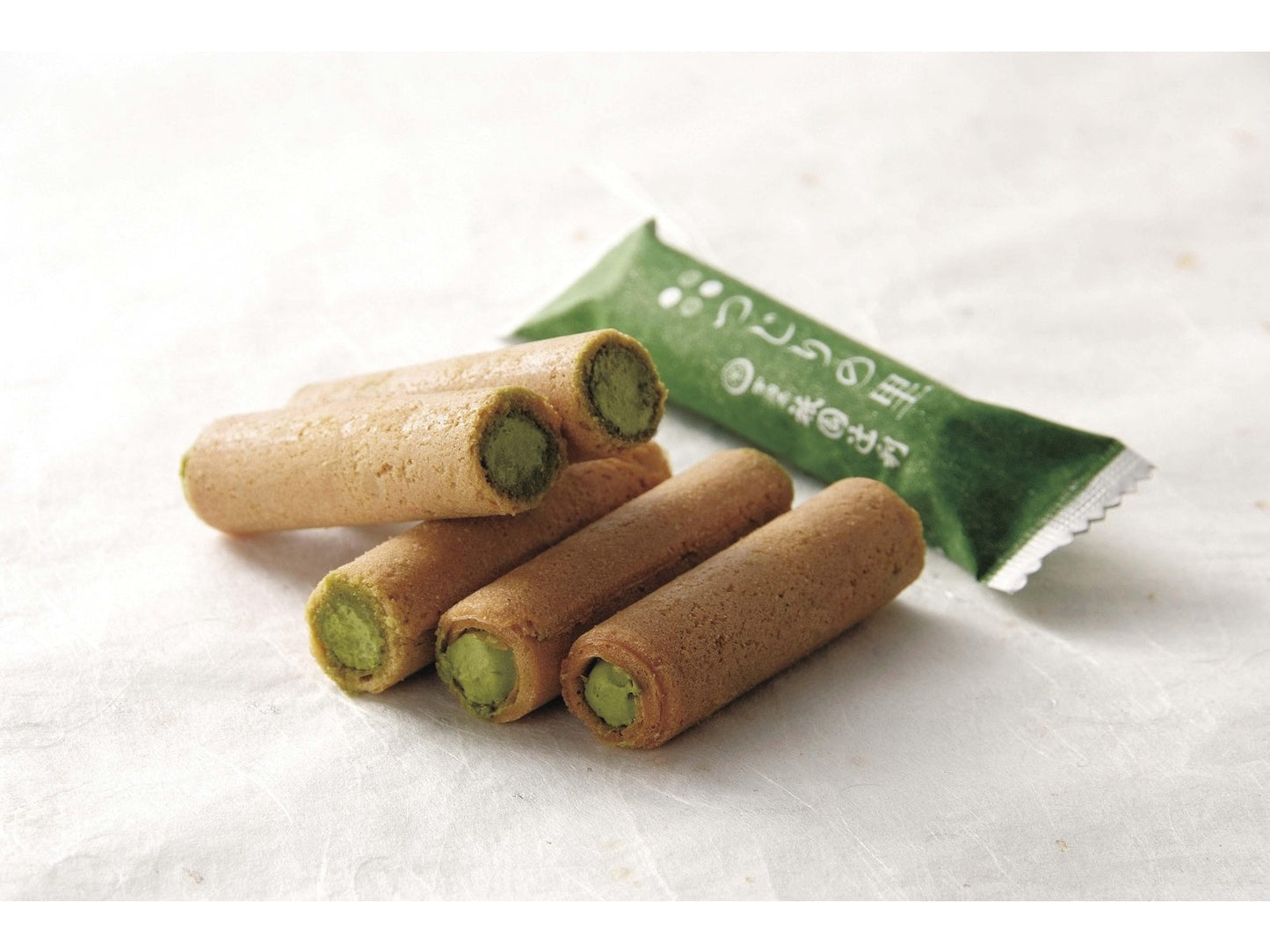 Tsujiri-no-Sato Matcha Cream Sandwich Cookies with green tea filling, thin rice cracker rolls; allergens: wheat, egg, dairy