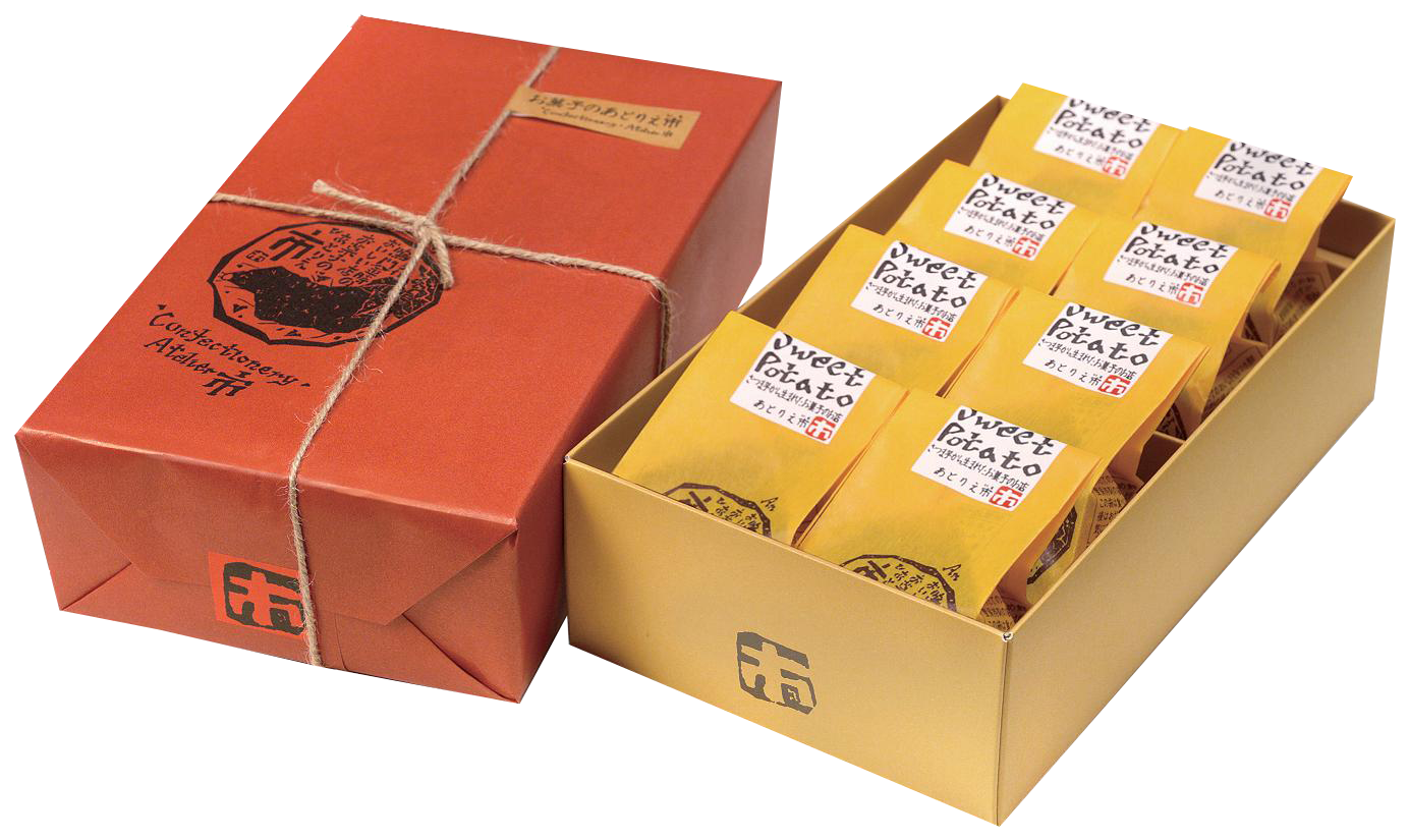 Naruto Kintoki sweet potato cake gift box from Tokushima, showcasing individually wrapped cakes for a refined sweet treat.