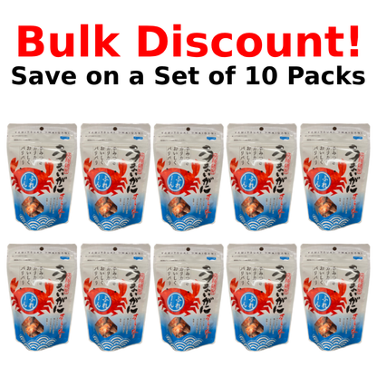 Umaigani Baby Crab Snacks 10-Pack with Okhotsk salt, offering premium flavor and crunchy texture, bulk discount available.