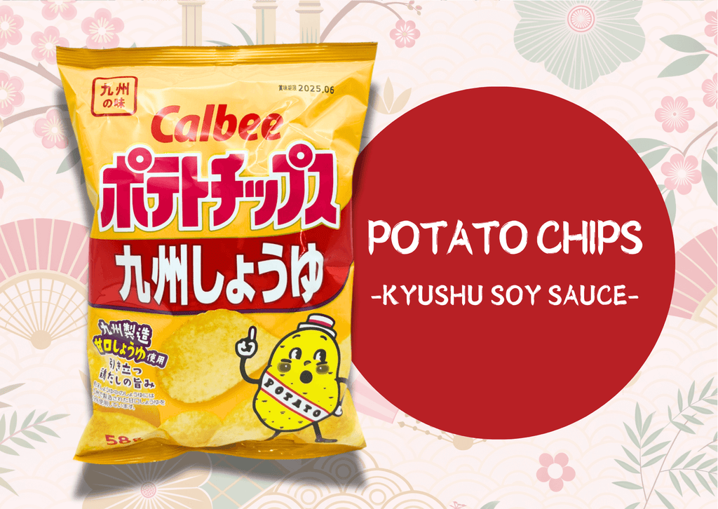 Calbee Kyushu Soy Sauce Potato Chips with floral background