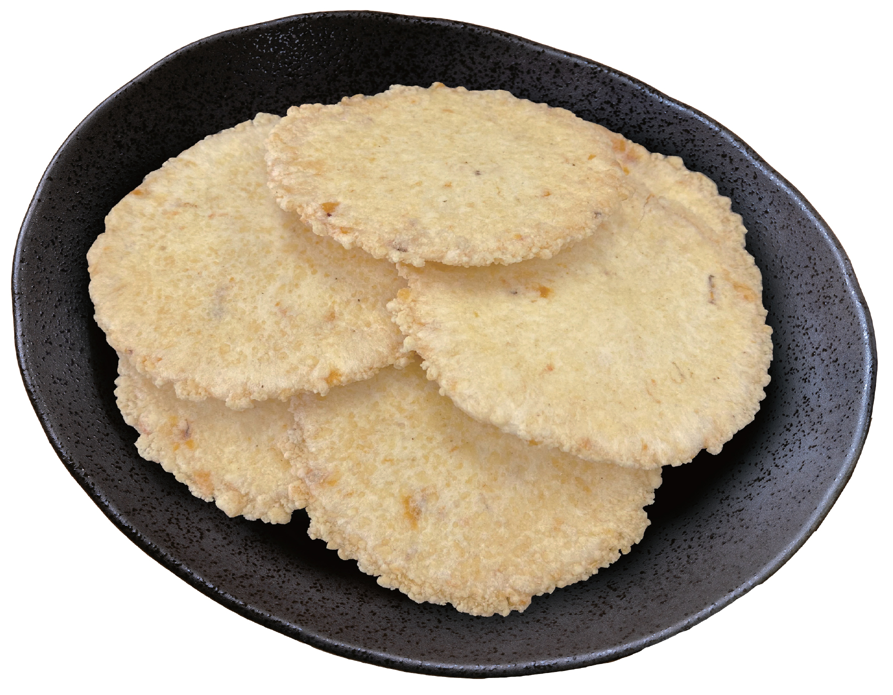 Shrimp Rice Cracker Miyabi in a black bowl, featuring maximized shrimp flavor and rich taste, highlighting a baked crispy texture.