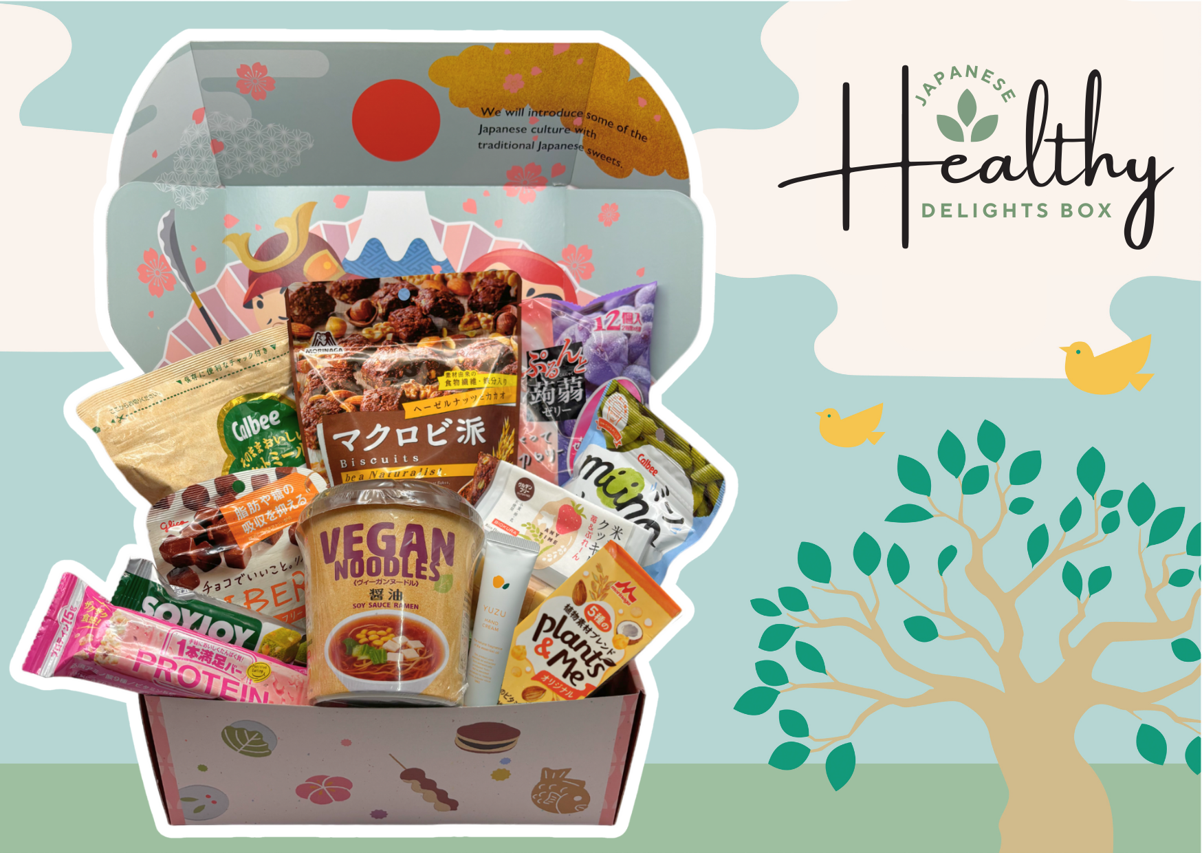 Japanese Healthy Delights Box with assorted snacks for health-conscious individuals, featuring a variety of tasty options.