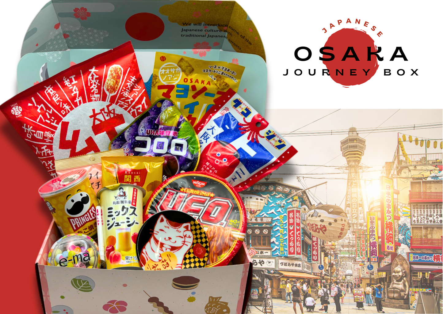 Osaka-themed box filled with Japanese sweets, featuring vibrant Osaka cityscape, highlighting regional delicacies for a cultural journey.
