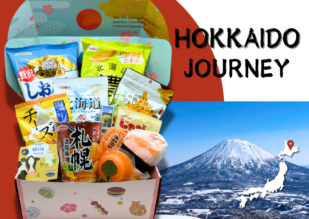 Hokkaido Journey Box showcasing a variety of regional Japanese sweets; includes map and scenic image of Hokkaido's landscape.
