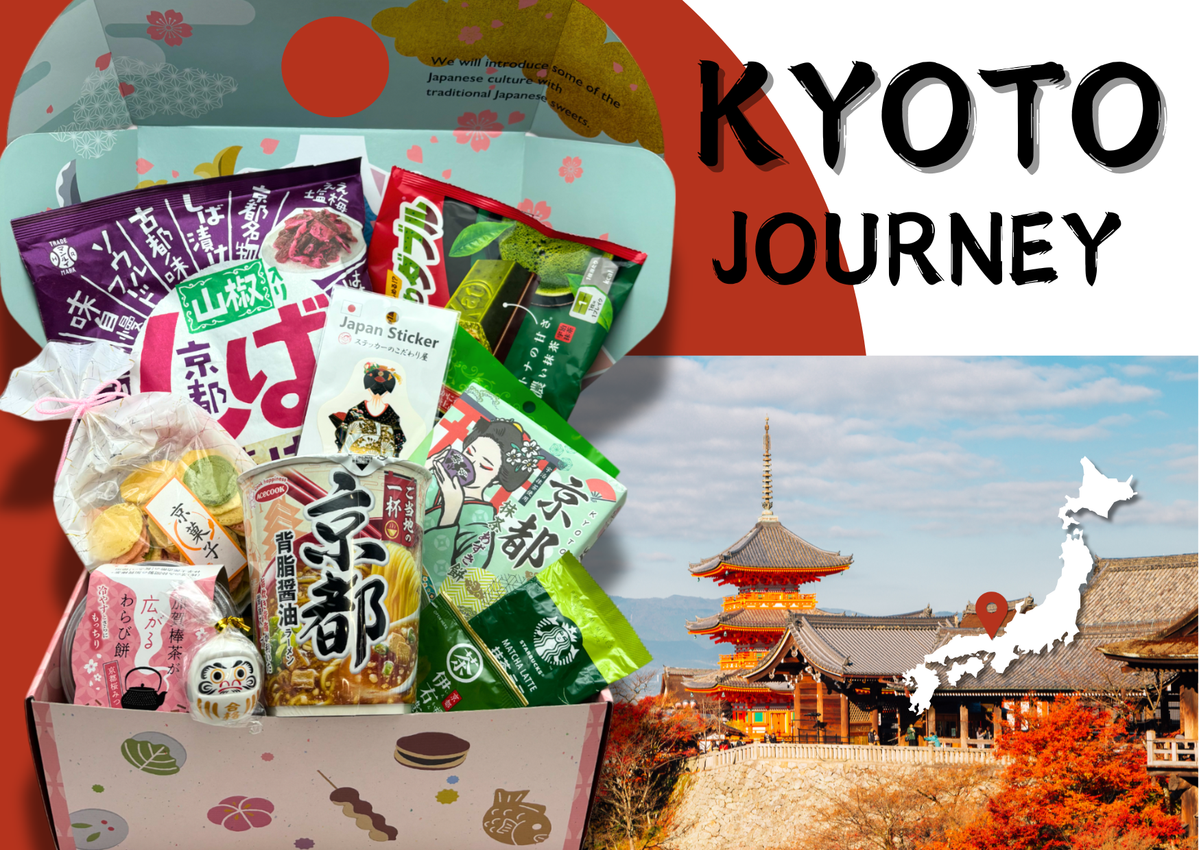 Japanese Journey Box - Kyoto theme with traditional sweets and Kyoto landmarks in background.
