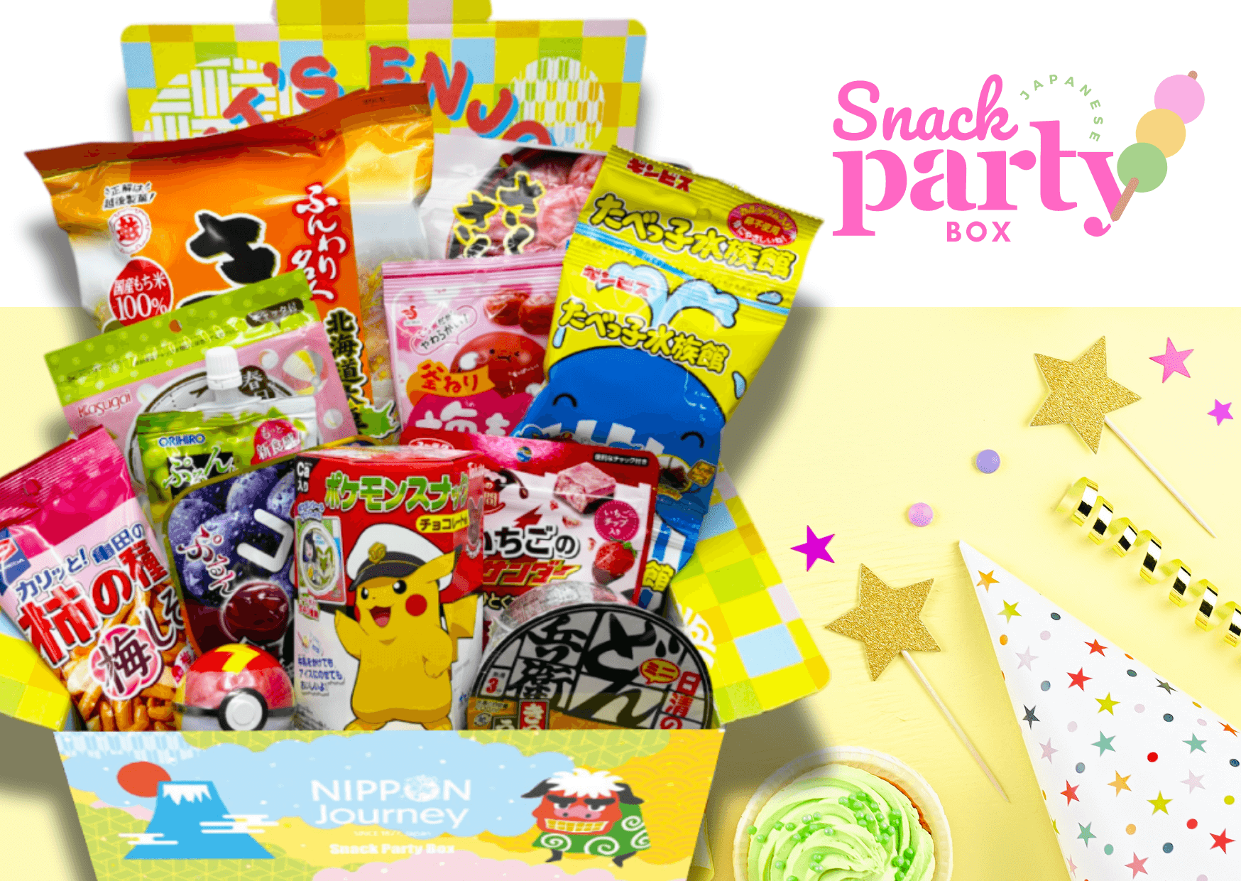 Japanese Snack Party Box by NIPPON Journey with diverse authentic snacks, perfect for sharing or savoring. Bright packaging with festive decor.