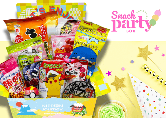 Japanese Snack Party Box by NIPPON Journey with diverse authentic snacks, perfect for sharing or savoring. Bright packaging with festive decor.