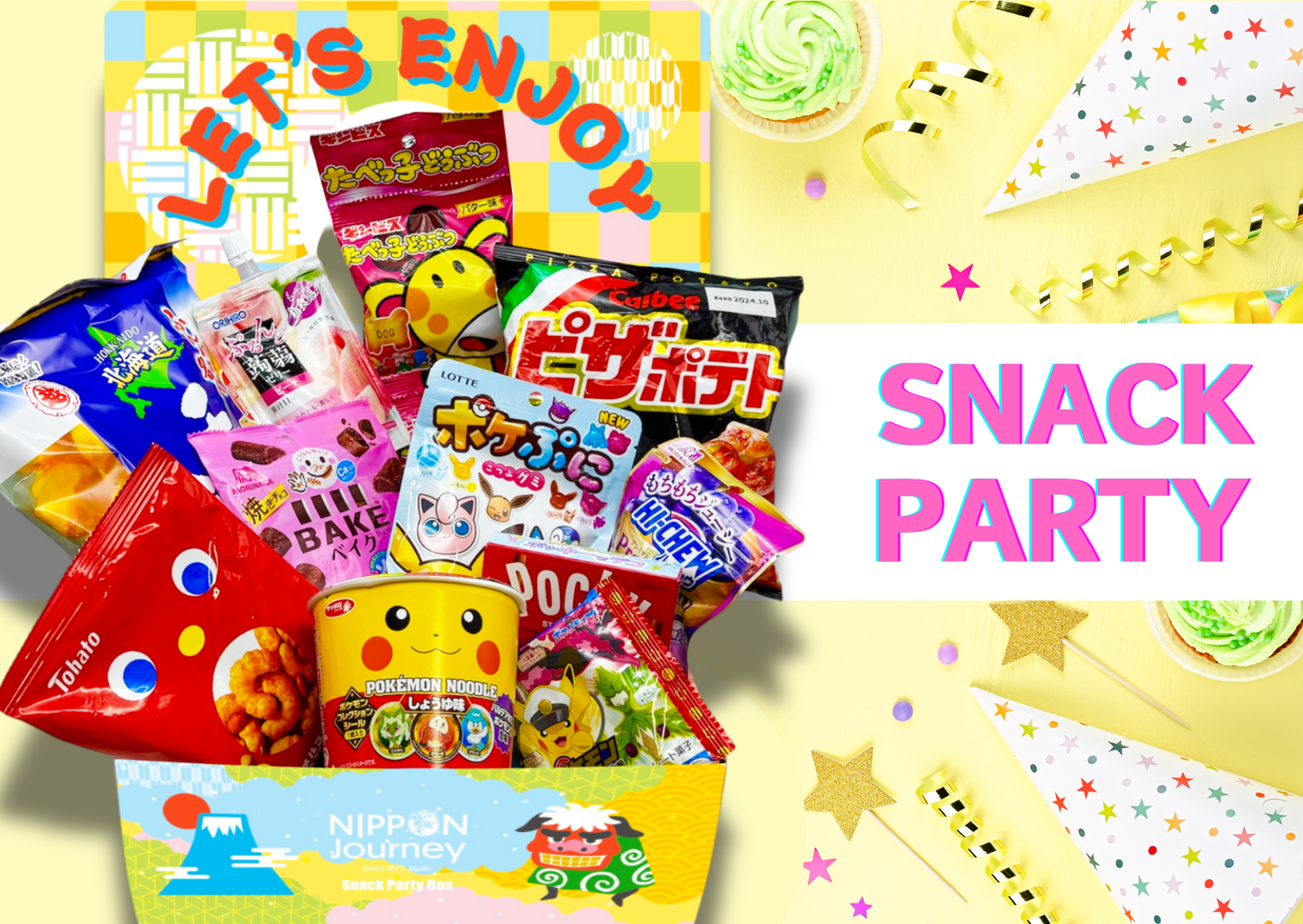Japanese Snack Party Box by NIPPON Journey featuring assorted authentic snacks, perfect for sharing, amidst festive party decor.