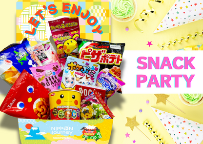 Japanese Snack Party Box by NIPPON Journey featuring assorted authentic snacks, perfect for sharing, amidst festive party decor.