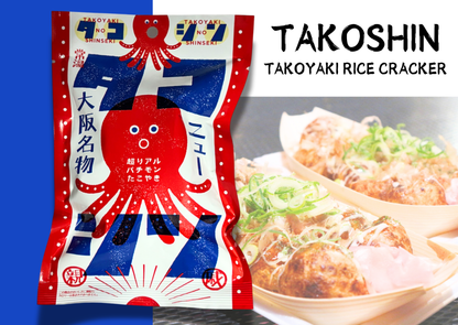 Takoshin Takoyaki Rice Cracker with Osaka street food, featuring octopus design and flavorful Japanese snack packaging.
