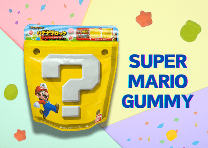 Colorful packaging of Super Mario gummy candy featuring a question mark block on a playful background.