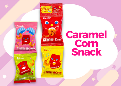 Japanese Tohato Caramel Corn Snack packages in colorful wrapping on pink background
