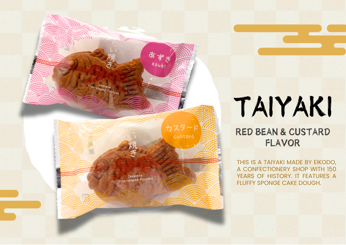 Taiyaki packaging with red bean and custard flavors from Eikodo, featuring traditional Japanese sweets from the Gifu box.