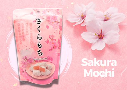 Sakura Mochi package with cherry blossoms on a pink background, part of the Japanese Snack Party Box by NIPPON Journey.