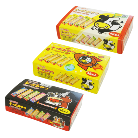 Variety pack of Cheese Snack Stick 48P in colorful boxes featuring cheese with camembert, plain, almond, and black pepper flavors.