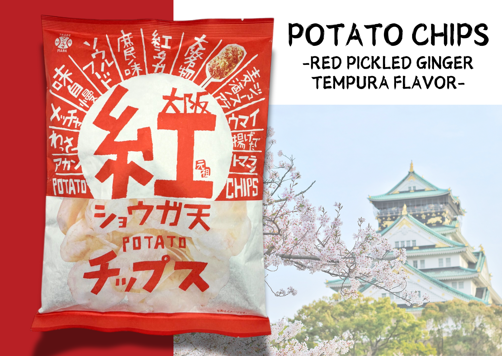 Osaka potato chips with red pickled ginger tempura flavor and Osaka Castle in the background, featured in a Japanese Journey Box.