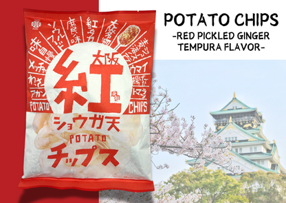 Osaka potato chips with red pickled ginger tempura flavor and Osaka Castle in the background, featured in a Japanese Journey Box.