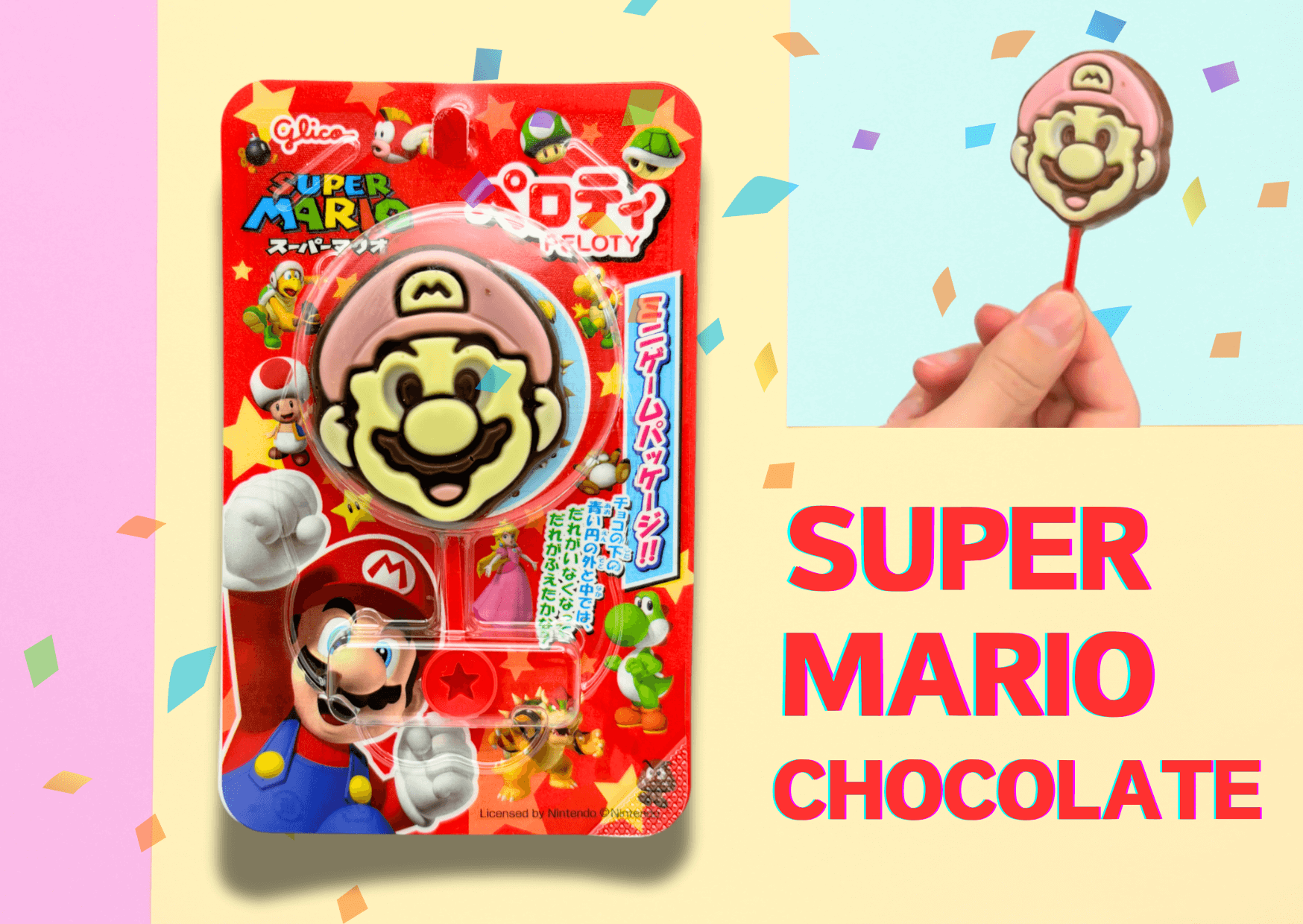 Super Mario themed chocolate snack packaging with colorful confetti background