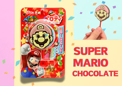 Super Mario themed chocolate snack packaging with colorful confetti background