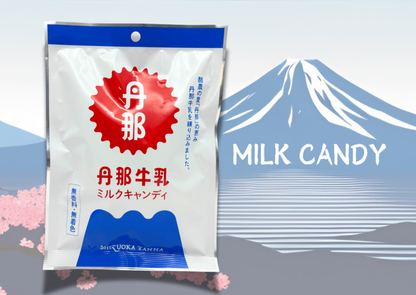 "Japanese milk candy package with Mount Fuji background, featured in the Mount Fuji-themed Journey Box"