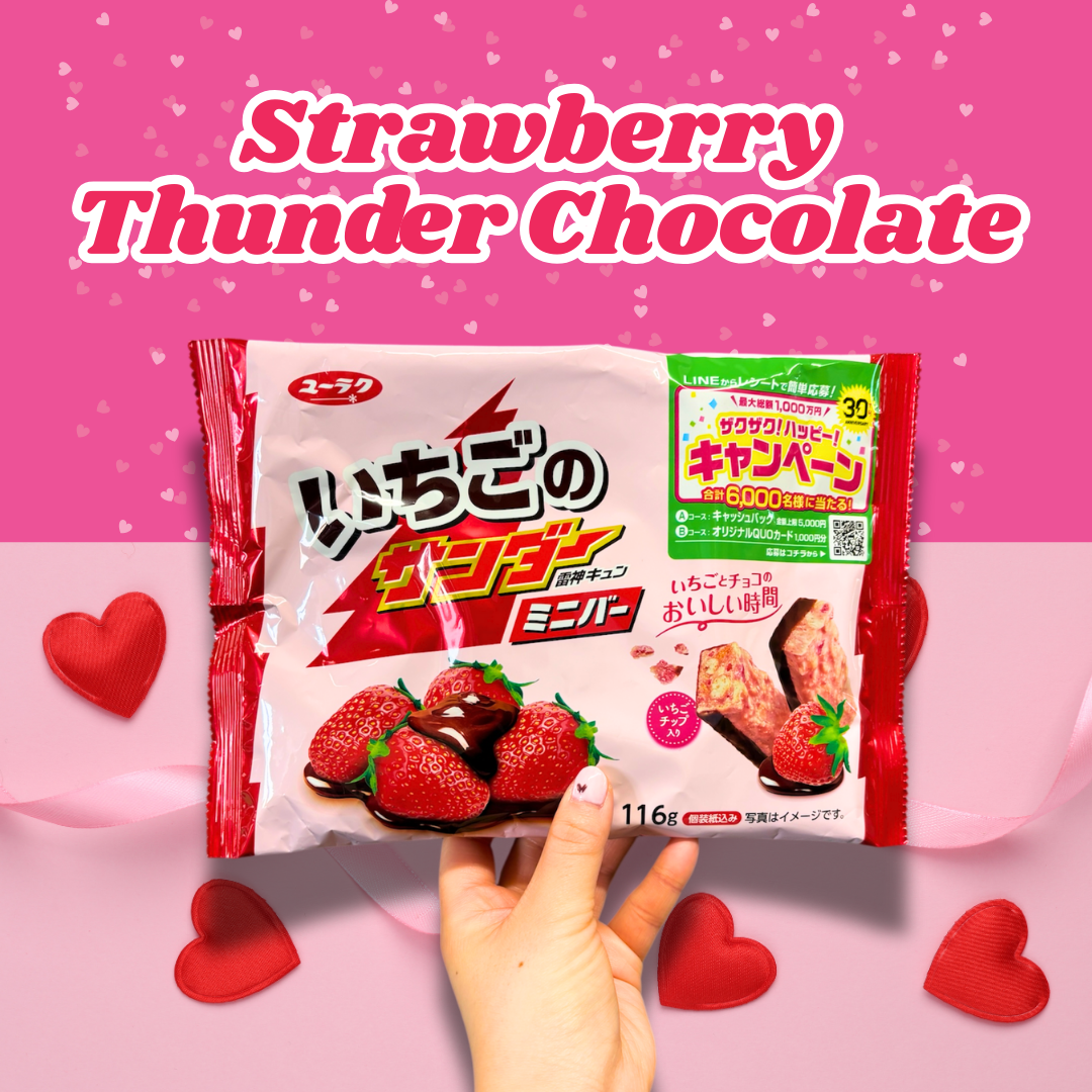 Strawberry Thunder Chocolate packaging with hand holding it, surrounded by hearts on a pink background.