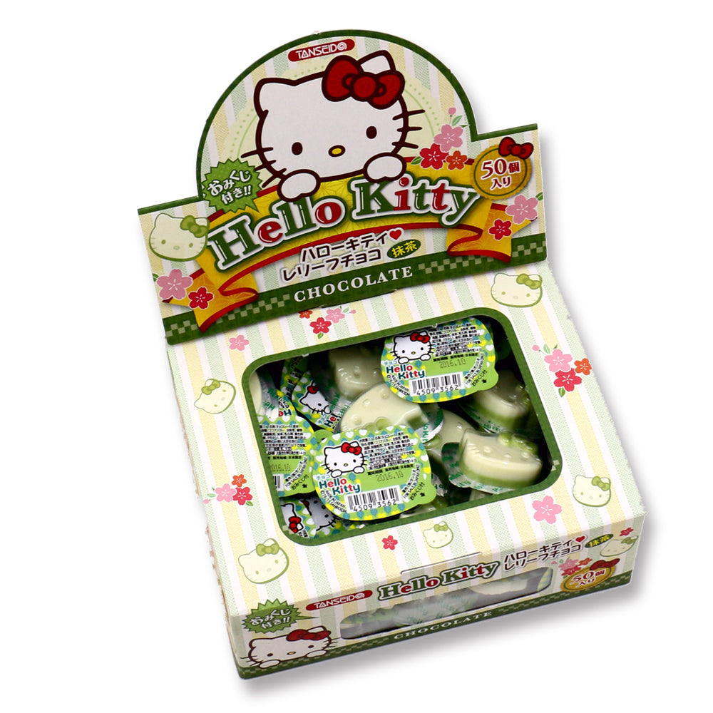 Box of Hello Kitty Relief Chocolate in matcha flavor, featuring Hello Kitty face-shaped chocolates. Contains 50 pieces, dairy and soybean allergens.