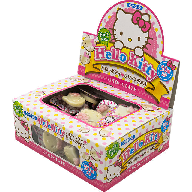 Hello Kitty Relief Chocolate box with assorted flavors including matcha, pudding, and white chocolate. Contains 50 pieces with allergens noted.