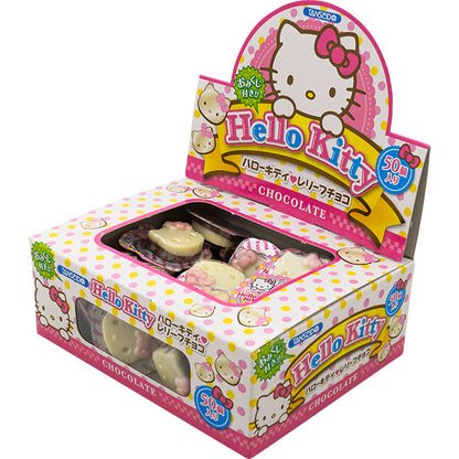 Hello Kitty Relief Chocolate box with assorted flavors including matcha, pudding, and white chocolate. Contains 50 pieces with allergens noted.