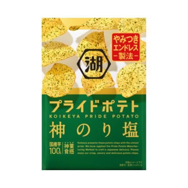 KOIKEYA PRIDE POTATO Chips with salt and seaweed flavor, featuring increased laver for a rich aroma. Includes rock salt and black pepper notes.