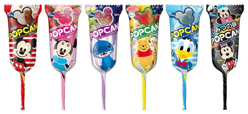 Glico POPCAN Disney Candy assortment featuring Mickey, Minnie, Stitch, Pooh, Donald, and Mickey in six unique pop candy flavors.