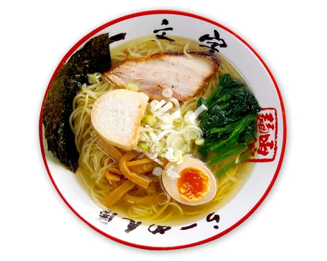 Bowl of Hakodate salt ramen with noodles, egg, pork slice, seaweed, and greens from Ichimonji restaurant's ramen box set.