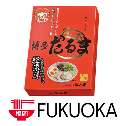 ISLAND FOODS Hakata Ramen Daruma Tonkotsu package with red box, featuring rich pork broth and thin noodles, alongside Fukuoka logo.