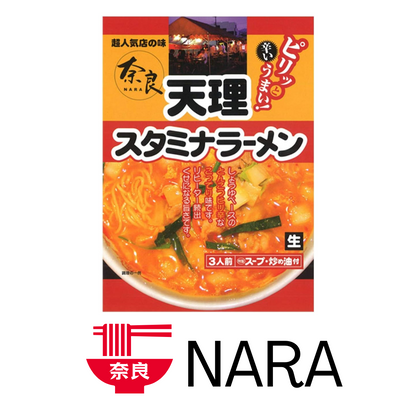 ISLAND FOODS Tenri Stamina Ramen Spicy Soy Sauce package with noodles, spicy broth, and Nara branding.