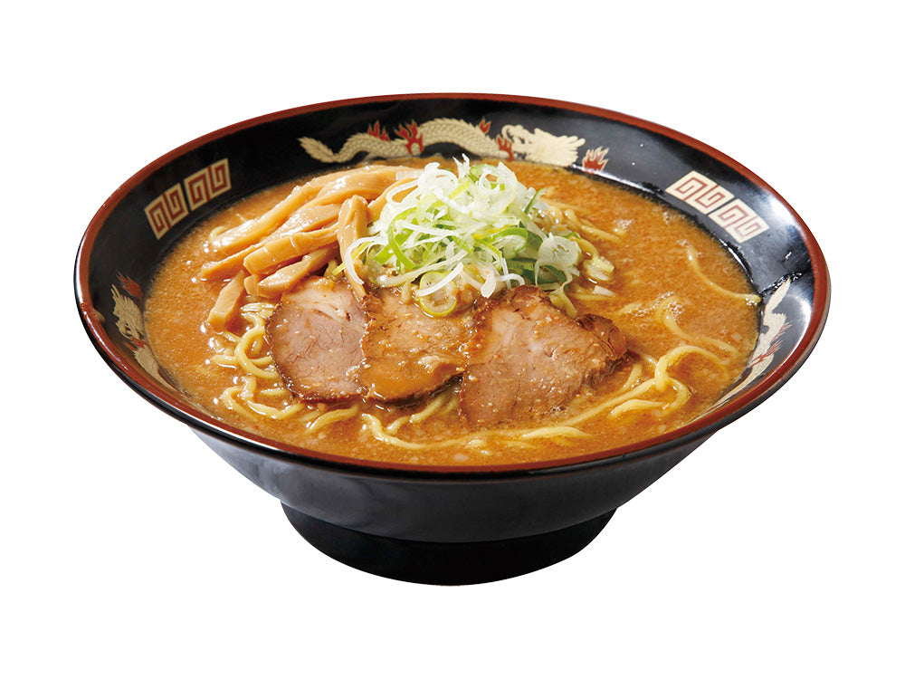 Island Foods Sapporo's Kuwana Miso Ramen, featuring wave-style noodles, savory pork bone miso broth, and topped with green onions and bamboo shoots.