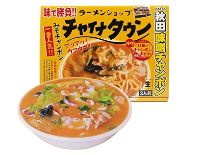 ISLAND FOODS Akita Champon Miso Ramen with packaging, featuring thickened sauce and medium noodles, product for 3 servings.