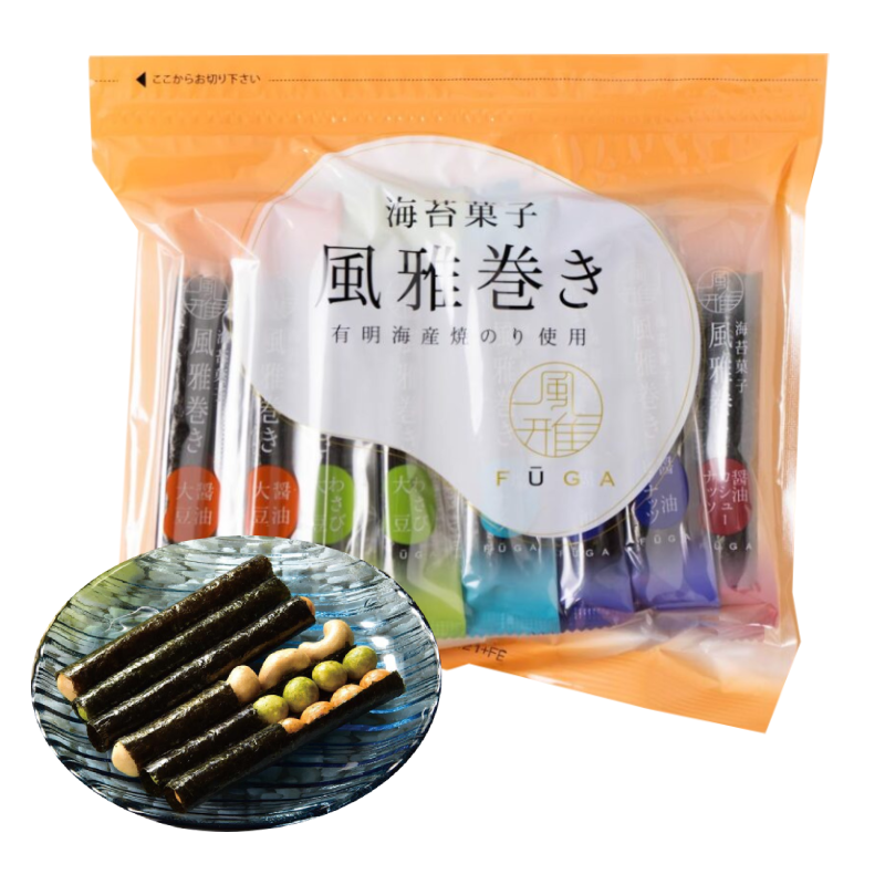 Baked nuts and beans with laver in orange packaging featuring crispy snacks, seasoned with secret sauce, Ariake Sea flavor.