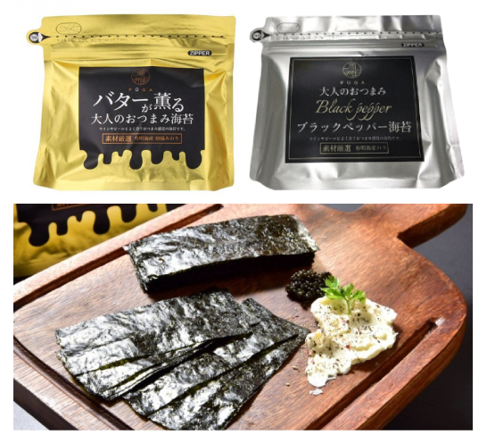 FŪGA Flavourful Laver for Wine and Beer, Butter & Black Pepper flavors, with rich nori presented on wooden board.
