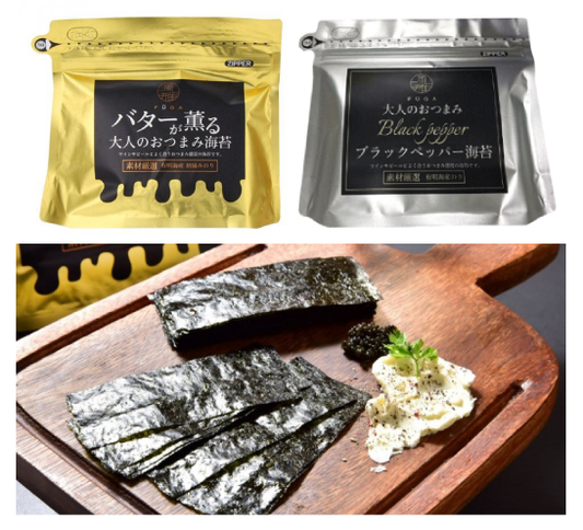 FŪGA Flavourful Laver for Wine and Beer, Butter & Black Pepper flavors, with rich nori presented on wooden board.