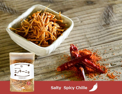 Dried Enoki Mushroom seasoned with Rakuen salt and spicy chili, perfect for pairing with alcoholic drinks. No sugar or preservatives.