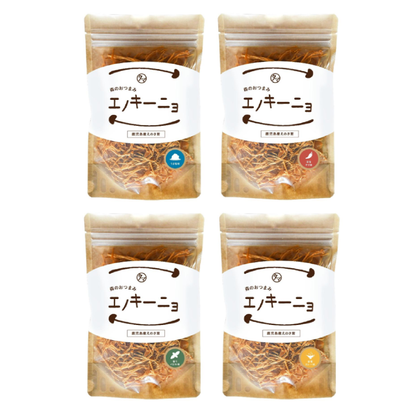 Four packs of dried enoki mushrooms with savory kiln-fired seawater salt and chili seasoning, perfect for snacks and pairing with drinks.