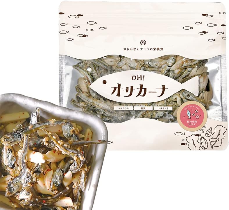 Pack of Osacana Fish Almond with wasabi, featuring dried sardines and almonds, offering a sweet and spicy flavor for adult tastes.