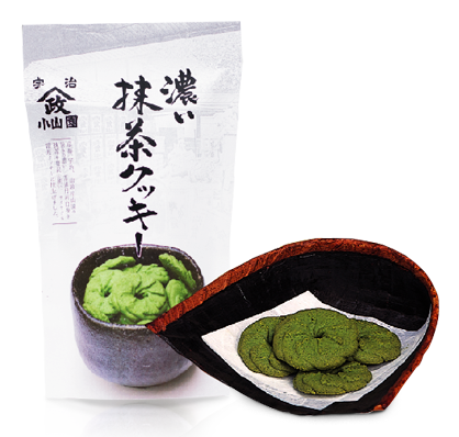 Rich Matcha Cookie 65g with crispy texture and matcha aroma. Contains wheat, egg, dairy allergens. Image of cookies in a bowl.