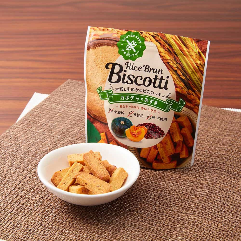 Takachiho Muratabi gluten-free rice bran biscotti in packaging with a bowl of crunchy, natural-flavor gluten-free cookies.
