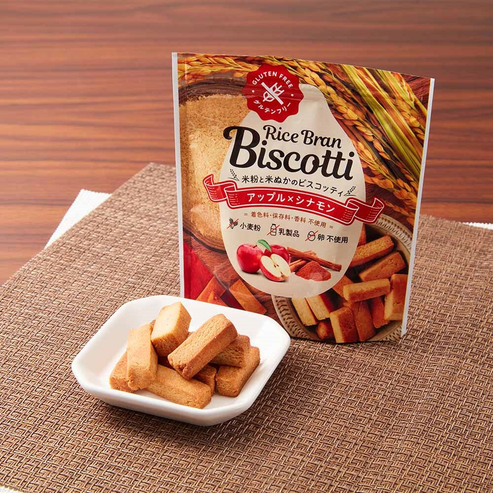 Takachiho Gluten-free Rice Bran Biscotti package with cookies on a plate, featuring a rustic design and natural ingredients.