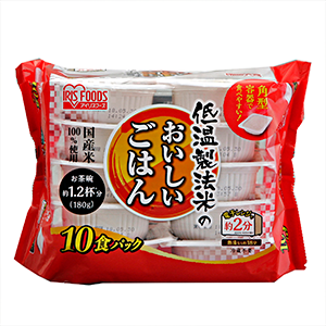 IRIS FOODS Microwavable Instant Japanese Rice package with 10 servings, highlighting natural flavor and quick cooking time.