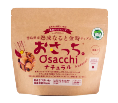 Osacchi Natural Sugarless Sweet Potato Chips 70g in eco-friendly packaging with vegan and made in Japan labels visible.